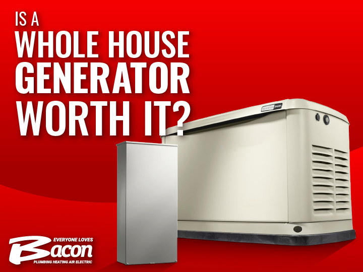 Whole house generator next to an electrical panel with Bacon Plumbing Heating Air Electric logo, on a vibrant red background, asking if a whole house generator is worth it.