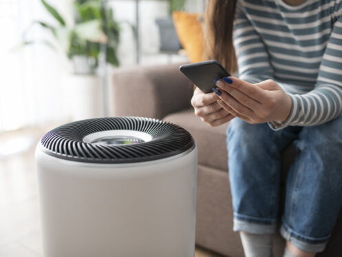 A person in a striped shirt sits on a couch, using a smartphone while an air purifier operates nearby. The room has a relaxed, cozy atmosphere with plants in the background.