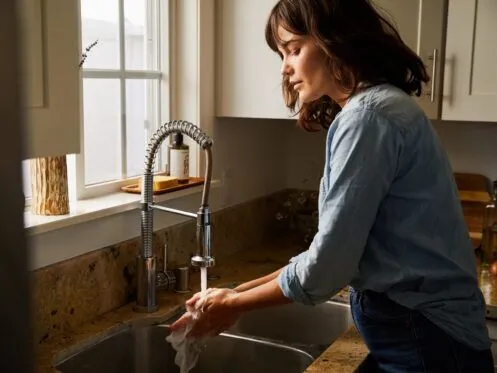 A woman stands at a kitchen sink, washing dishes under running water while looking focused. Sunlight streams through the nearby window, illuminating the warm, cozy kitchen.