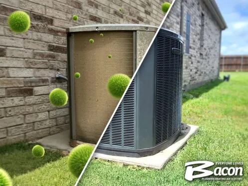 A split image shows a dirty air conditioning unit on the left and a clean, well-maintained unit on the right. Green particles represent dirt and allergens in the air, with the Bacon Plumbing Heating Air Electric logo in the bottom right.