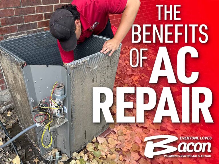 A Bacon Plumbing Heating Air Electric technician repairs an outdoor air conditioning unit. The text reads: "The Benefits of AC Repair."