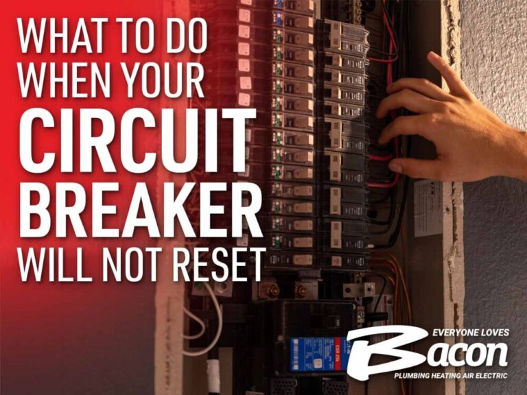 Handing reaching towards an electrical panel to check or reset the breakers. The text reads "What to do when your circuit breaker will not reset."