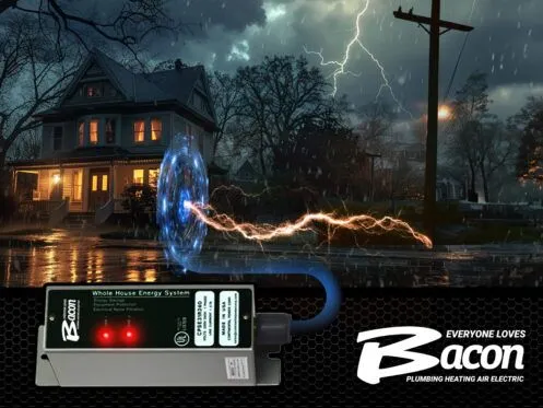 A stormy night scene shows a house experiencing an electrical surge, with lightning striking nearby power lines. In the foreground, a whole house energy system device is displayed, with the Bacon Plumbing Heating Air Electric logo in the bottom right corner.