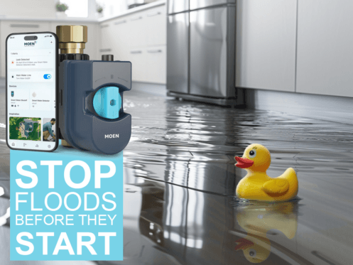 A smartphone displays an app alongside a device designed to prevent flooding, positioned next to a water-damaged floor where a rubber duck floats. Bold text reads "STOP FLOODS BEFORE THEY START," emphasizing the device's purpose in water leak detection and prevention.