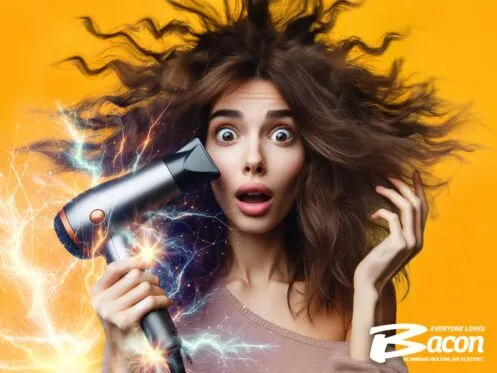 A woman with wild, static hair holds a hairdryer, looking shocked as sparks fly from the device. The Bacon Plumbing Heating Air Electric logo is in the bottom right corner.