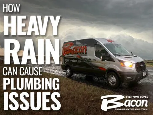 A promotional graphic shows a Bacon Plumbing Heating Air Electric service van parked on a rural road during heavy rain. The text reads, "How Heavy Rain Can Cause Plumbing Issues," with the Bacon logo in the bottom right corner.