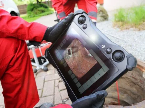 A technician in red gloves holds a screen displaying a sewer pipe inspection, showing internal pipe damage. The scene takes place outdoors near an open manhole cover.