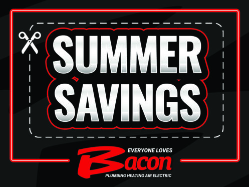 A promotional graphic featuring the bold text "Summer Savings" in white with a red outline, framed by a dotted coupon border and a scissor icon. The Bacon Plumbing Heating Air Electric logo is placed at the bottom in red and white.