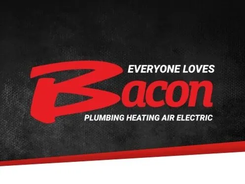 The logo for "Bacon Plumbing Heating Air Electric" is prominently displayed in red and white text on a black textured background, with the tagline "Everyone Loves Bacon." A red stripe runs along the bottom edge of the image, complementing the bold branding.