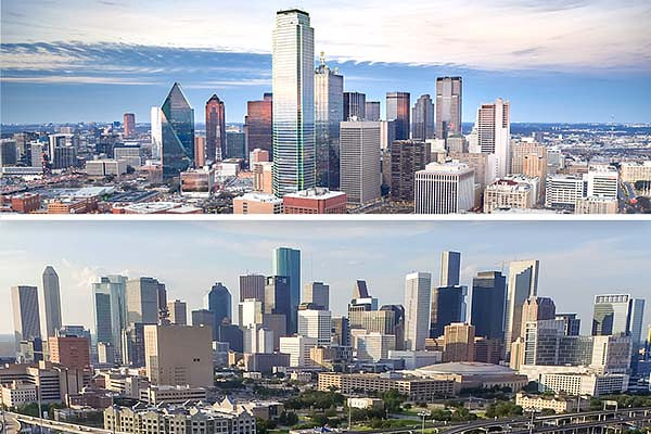 Two city skylines are shown: the top one features Dallas with its iconic green-tinted Bank of America Plaza and the angular Fountain Place building, while the bottom shows Houston's skyline with its tall, modern skyscrapers and expansive layout. Both cities display dense urban architecture under clear skies.