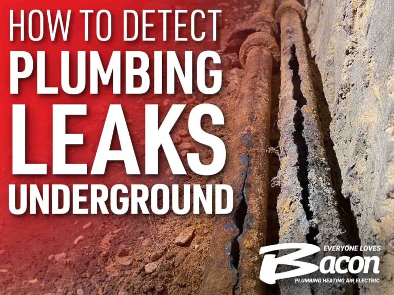 Underground pipes with visible corrosion and cracks. Text reads 'How to Detect Plumbing Leaks Underground'.