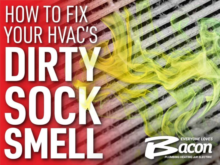 A dusty HVAC filter with yellow-green smoke represents the bad smell. The text reads: "How to Fix Your HVAC's Dirty Sock Smell."