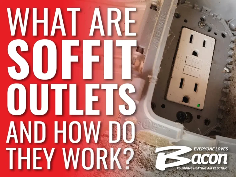 Close-up of a soffit outlet in a recessed housing, showing the plug slots and structural details. Large text on the left reads 'What are Soffit Outlets and How Do They Work?' with the Bacon Plumbing Heating Air Electric logo in the bottom right.