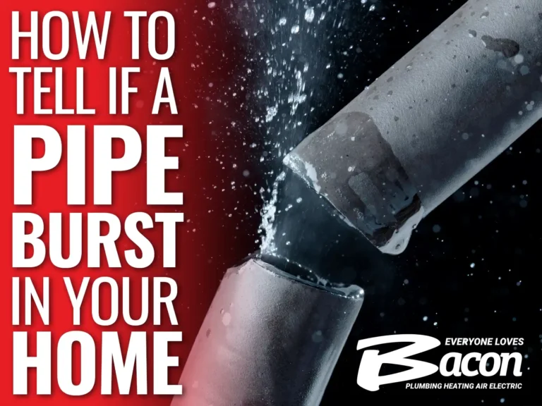 Close-up of a burst pipe spraying water, with the text 'How to Tell if a Pipe Burst in Your Home.'