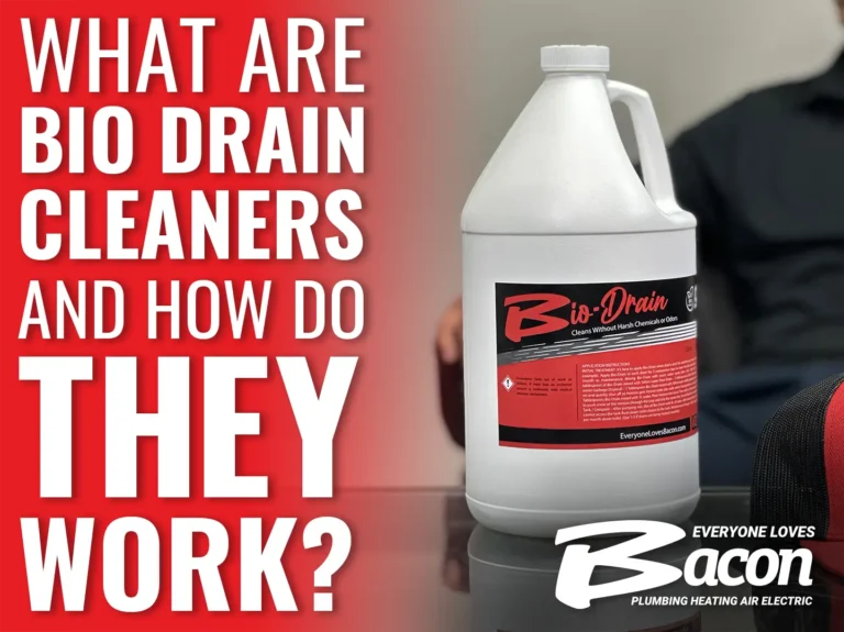 Text reads 'What are Bio Drain Cleaners and How Do They Work?' alongside a Bio-Drain bottle and a diagram showing cleaner flowing through pipes, illustrating how it removes buildup without harsh chemicals.