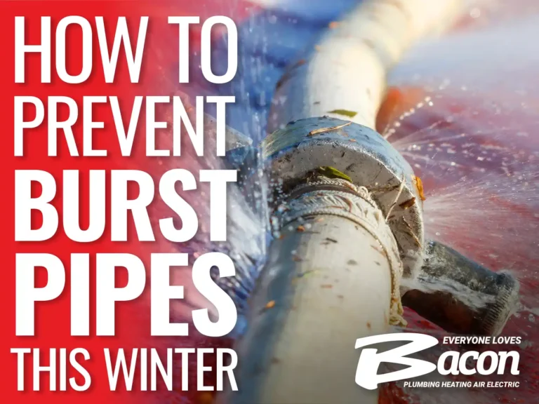 Water spraying forcefully from a burst pipe, with bold text on the left reading 'How to Prevent Burst Pipes This Winter.'