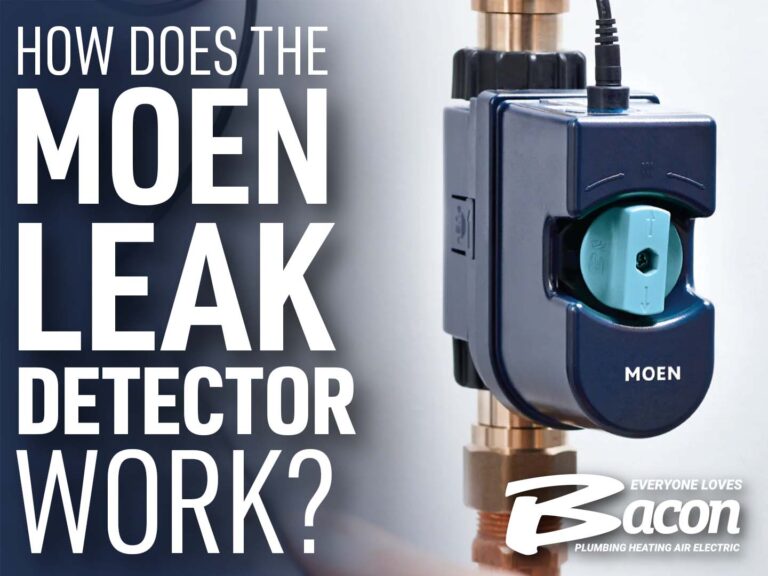 A Moen Water Leak Detector installed on a pipe, with text reading 'How does the Moen Leak Detector work?'