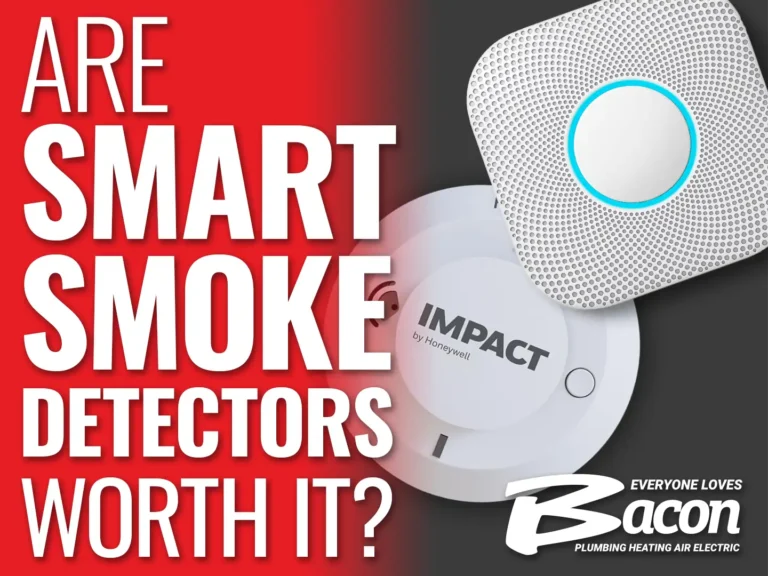 Two smart smoke detectors with the question: 'Are Smart Smoke Detectors Worth It?' and the Bacon Plumbing, Heating, Air Electric logo.