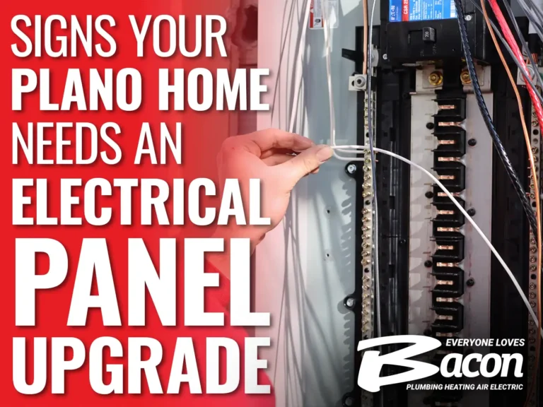 Hand working on electrical panel wiring with text 'Signs Your Plano Home Needs an Electrical Panel Upgrade' and Bacon Plumbing Heating Air Electric logo.