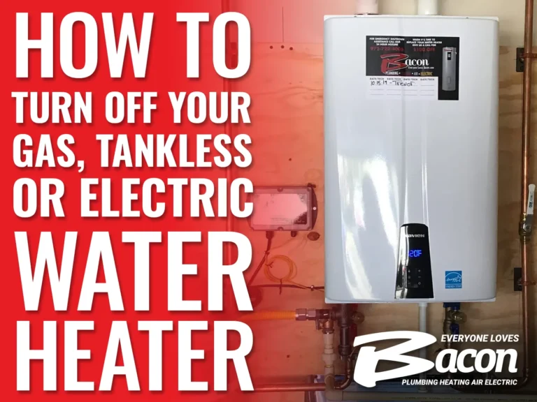 A white tankless water heater mounted on a wooden wall, with visible copper and gas pipes. The heater's digital display shows a temperature setting. The background features a gas shut-off valve and an electrical box. Bold white and red text on the left side reads: 'HOW TO TURN OFF YOUR GAS, TANKLESS OR ELECTRIC WATER HEATER.'